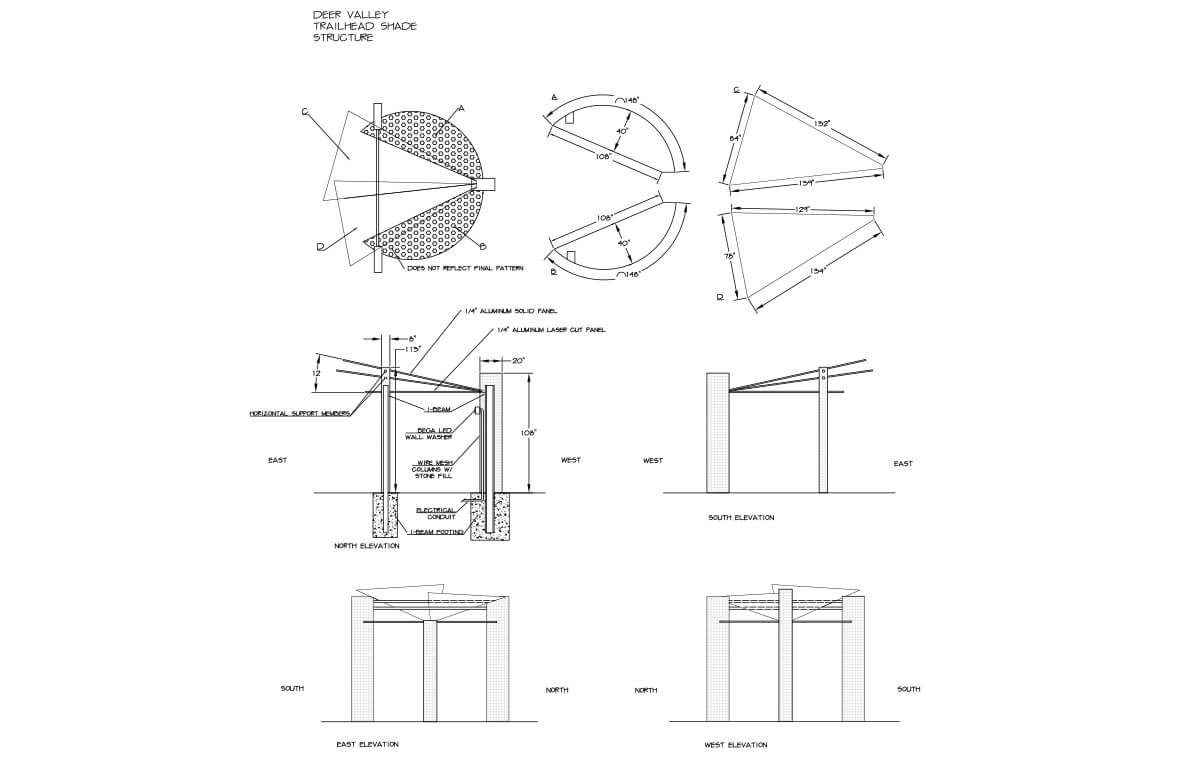 Construction detail of a steel shade structure. Several flat overlapping roofs made from metal are supported by thick columns.